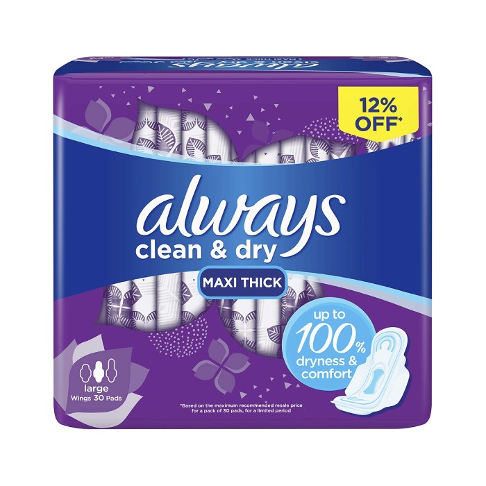Always Clean & Dry Large Sanitary Pads with Wings 30 Pieces