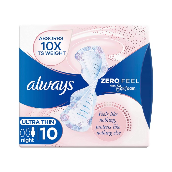 Always Zero Feel Sanitary Pads Night Ultra Thin 10 Pieces